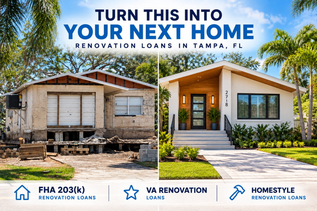 Before and after home renovation in Tampa, FL, illustrating home renovation loans and financing options from Titan Home Lending.